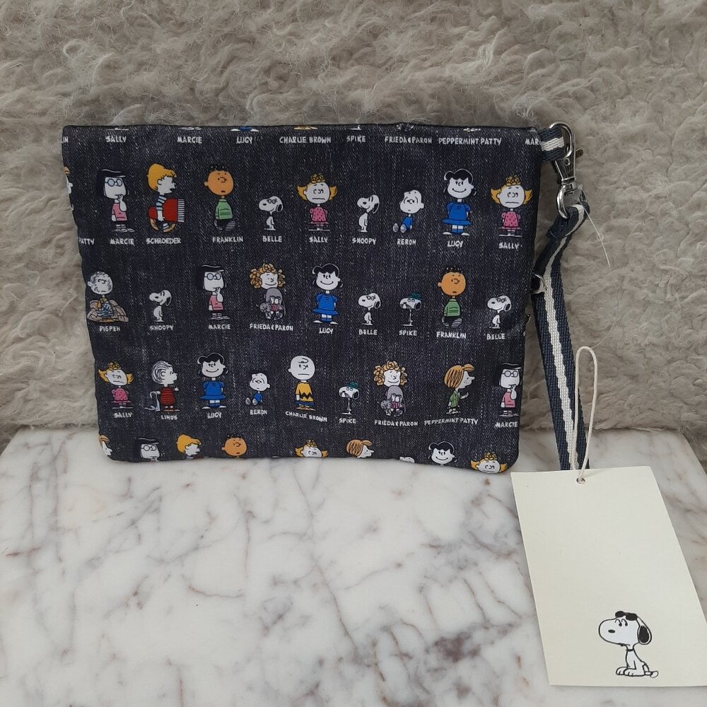 LeSportsac PEANUTS Navy Blue Hand Strap Bag Two Zipper Cosmetic Coin Purse - Picture 2 of 7